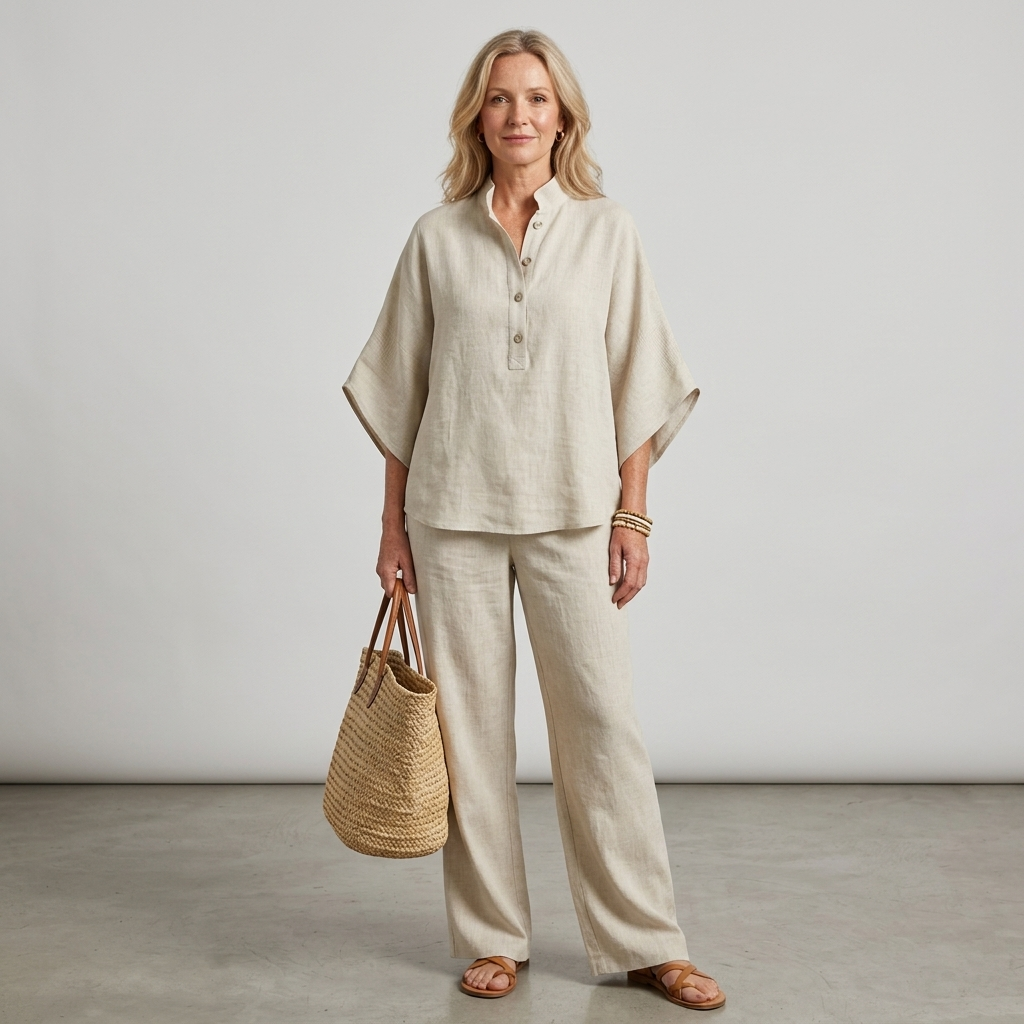 Conjunto de mujer con blusa de cuello mandarín y pantalón ancho