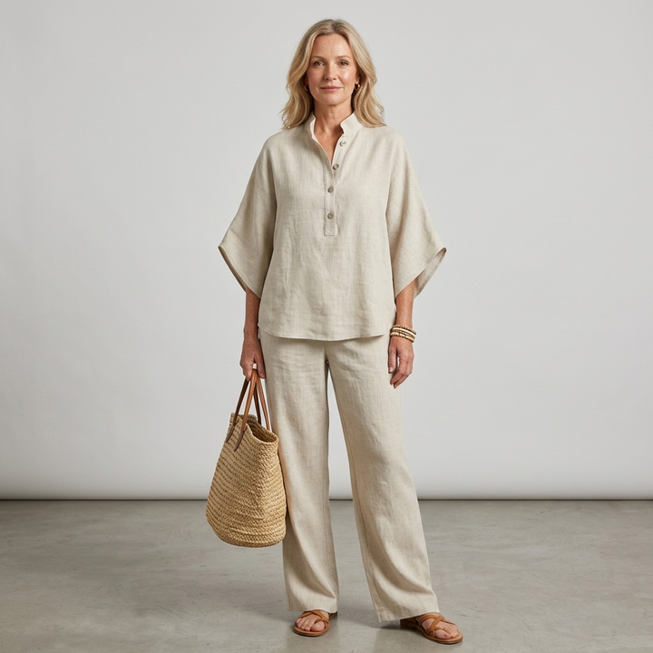Conjunto de mujer con blusa de cuello mandarín y pantalón ancho