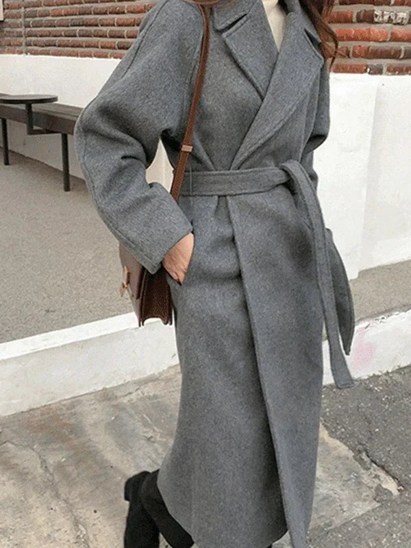 Manteau Long Femme Ceinturé à Revers Élégant