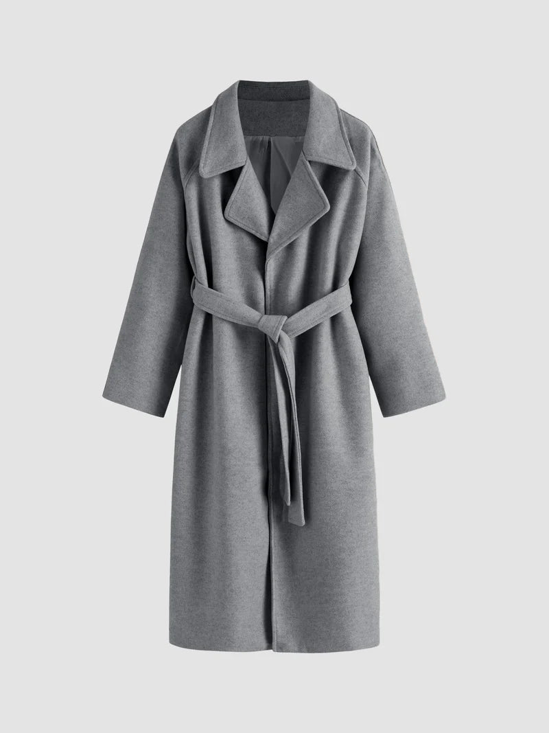 Manteau Long Femme Ceinturé à Revers Élégant
