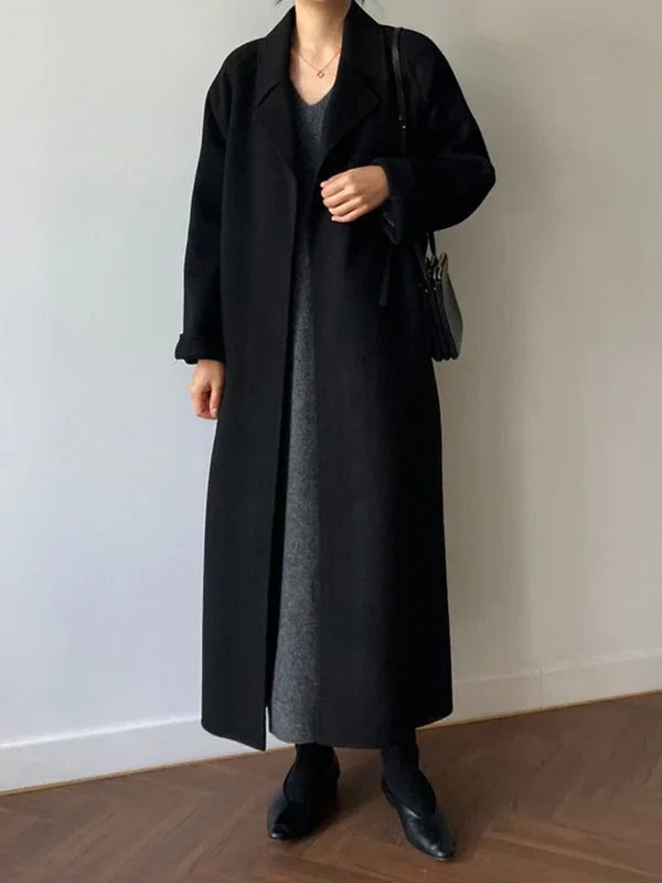 Manteau Long Femme Ceinturé à Revers Élégant
