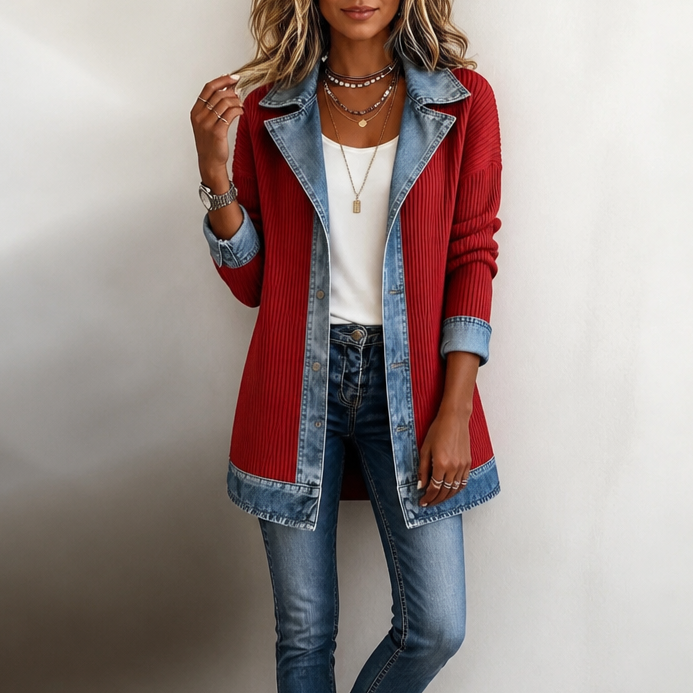 Gilet da donna in maglia a coste con inserti in denim