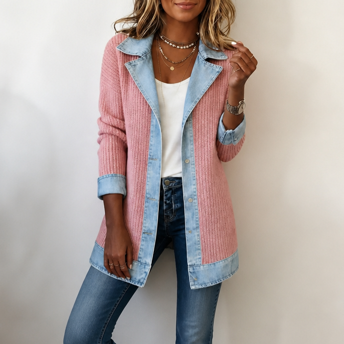 Gilet da donna in maglia a coste con inserti in denim