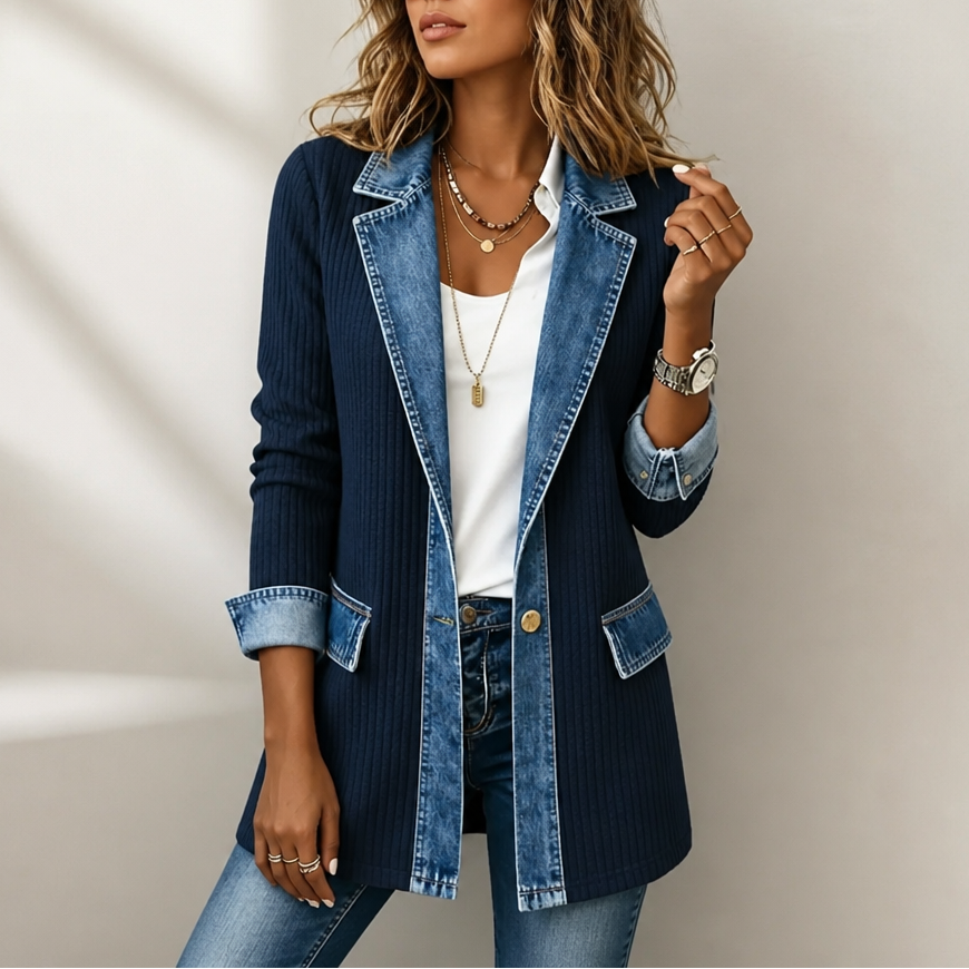 Gilet da donna in maglia a coste con inserti in denim