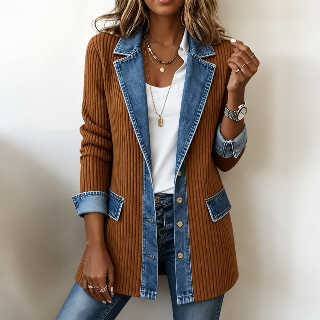 Gilet da donna in maglia a coste con inserti in denim