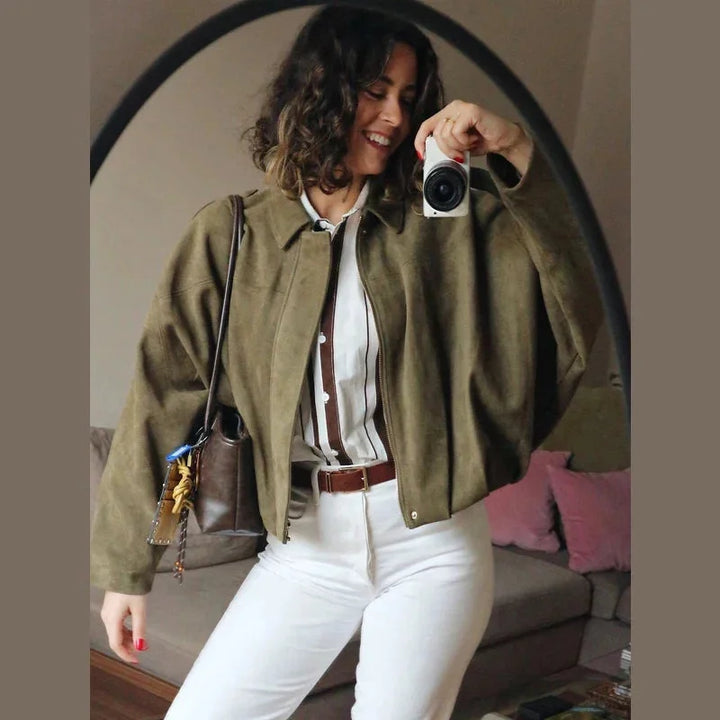 Krátká oversize bunda s efektem semiše pro ženy