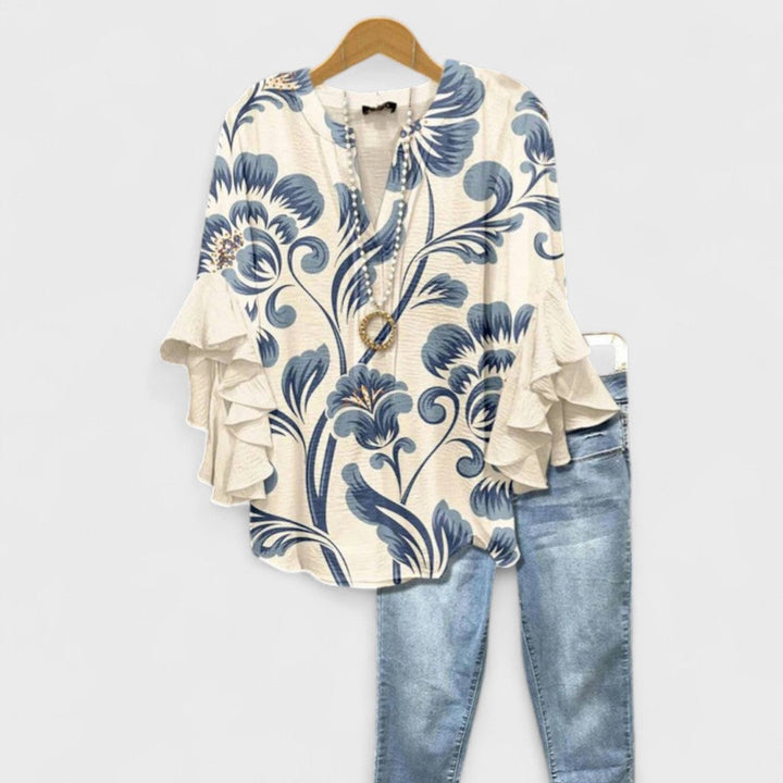 Women's Floral Print Blouse with Ruffled Sleeves