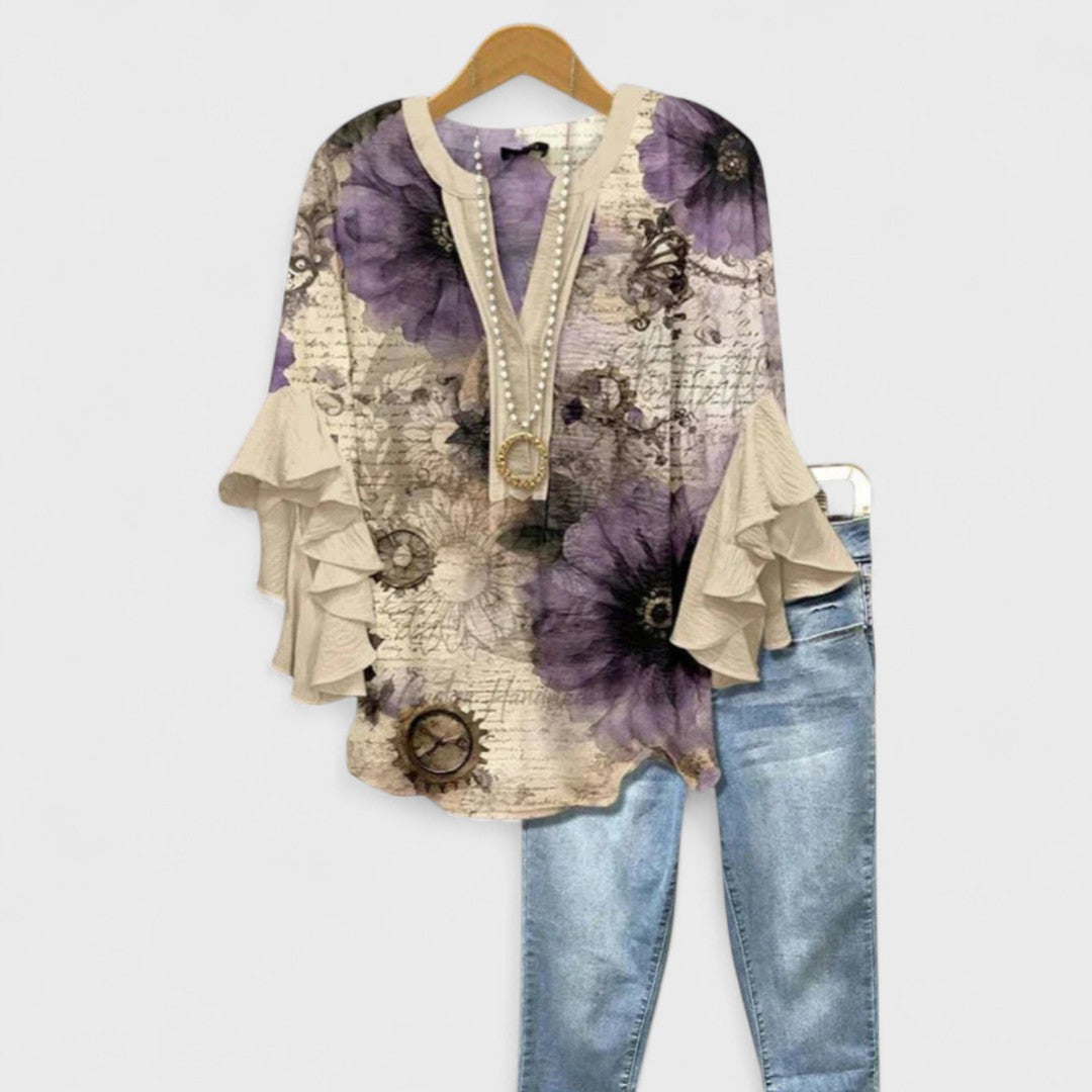 Women's Floral Print Blouse with Ruffled Sleeves