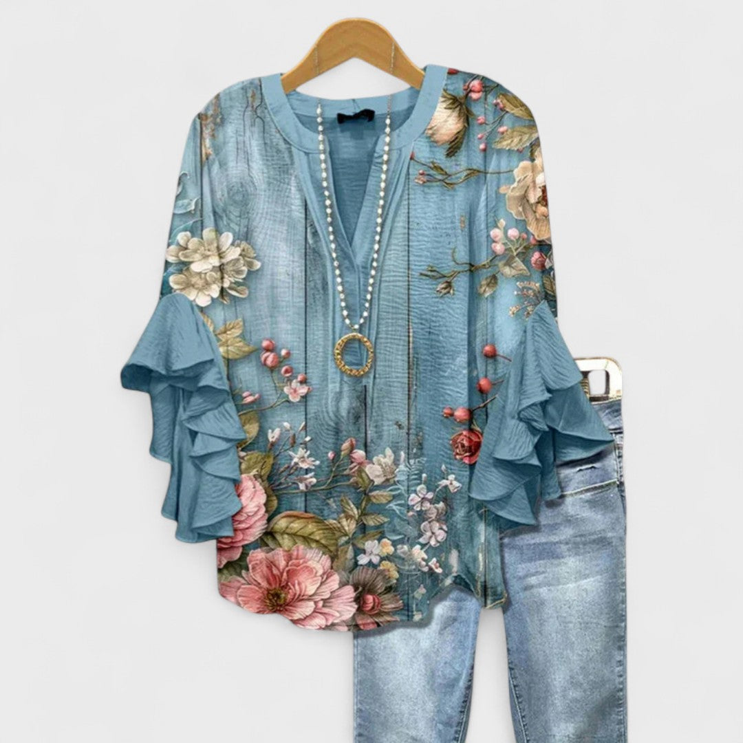 Women's Floral Print Blouse with Ruffled Sleeves