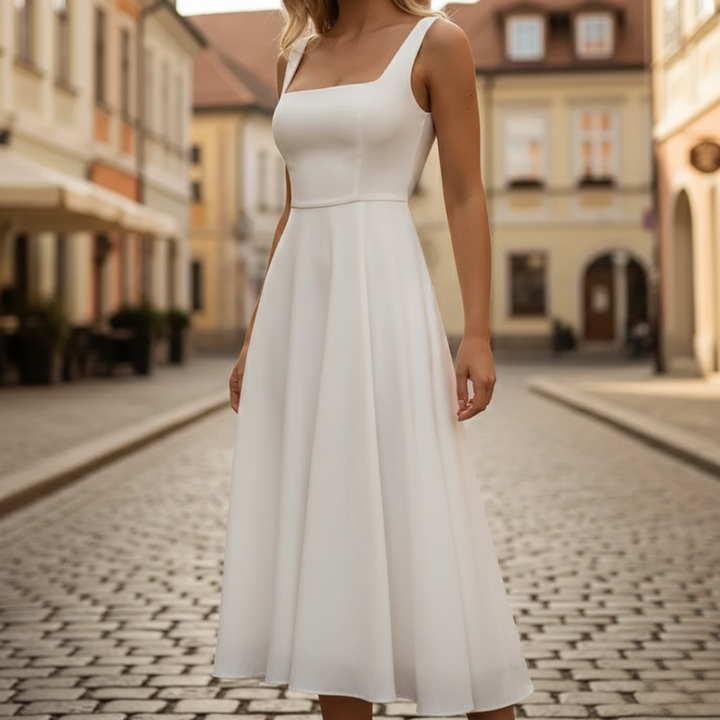 Bílé midi šaty s hranatým výstřihem bez rukávů, elegantní