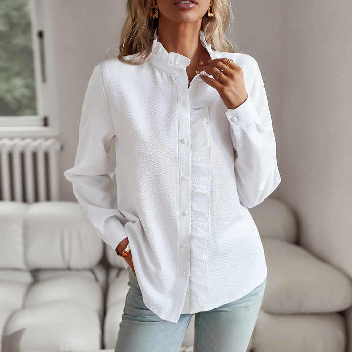 Dámská halenka s dlouhými rukávy, volánovým límcem a knoflíky, elegantní