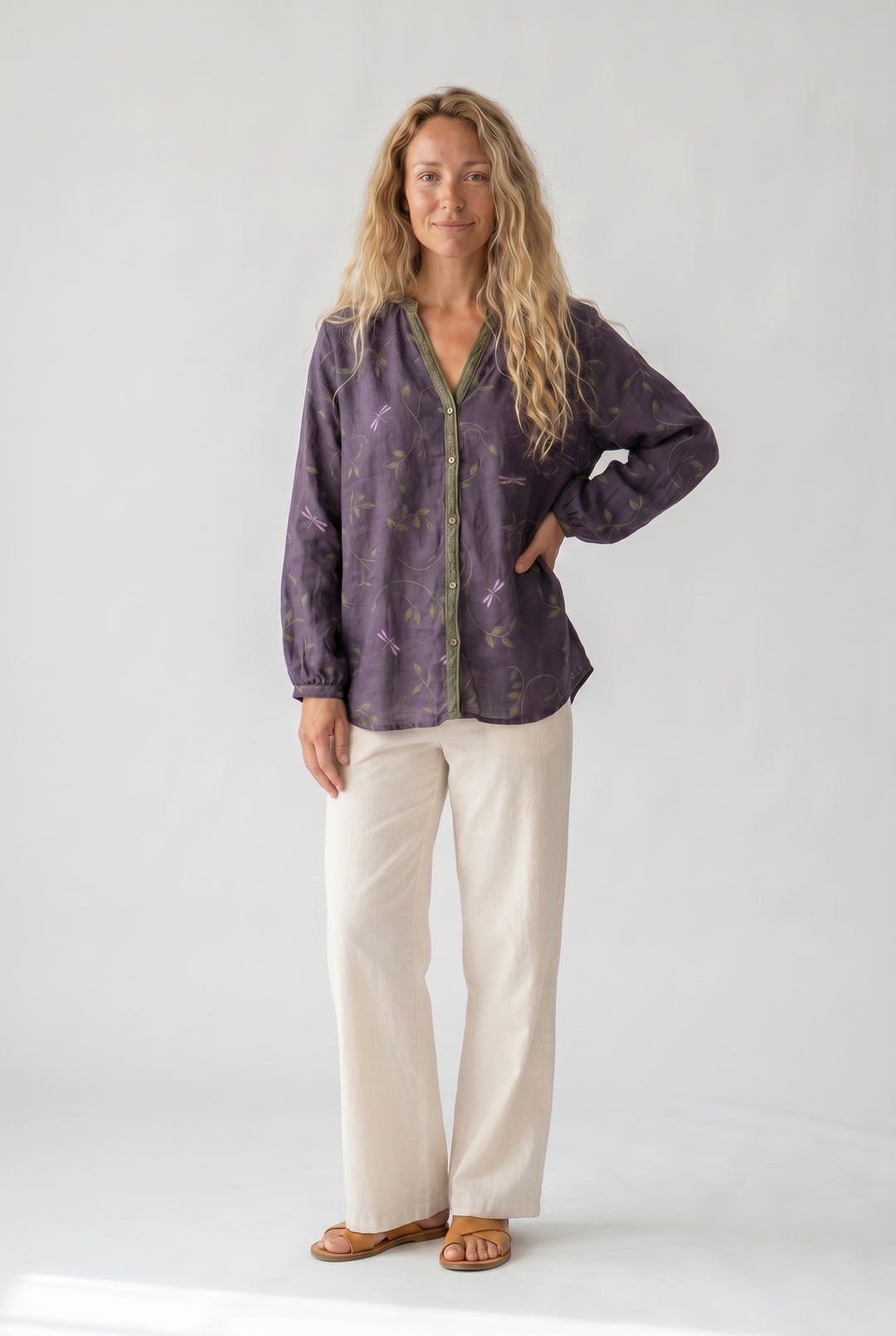Blouse imprimée col V manches longues femme