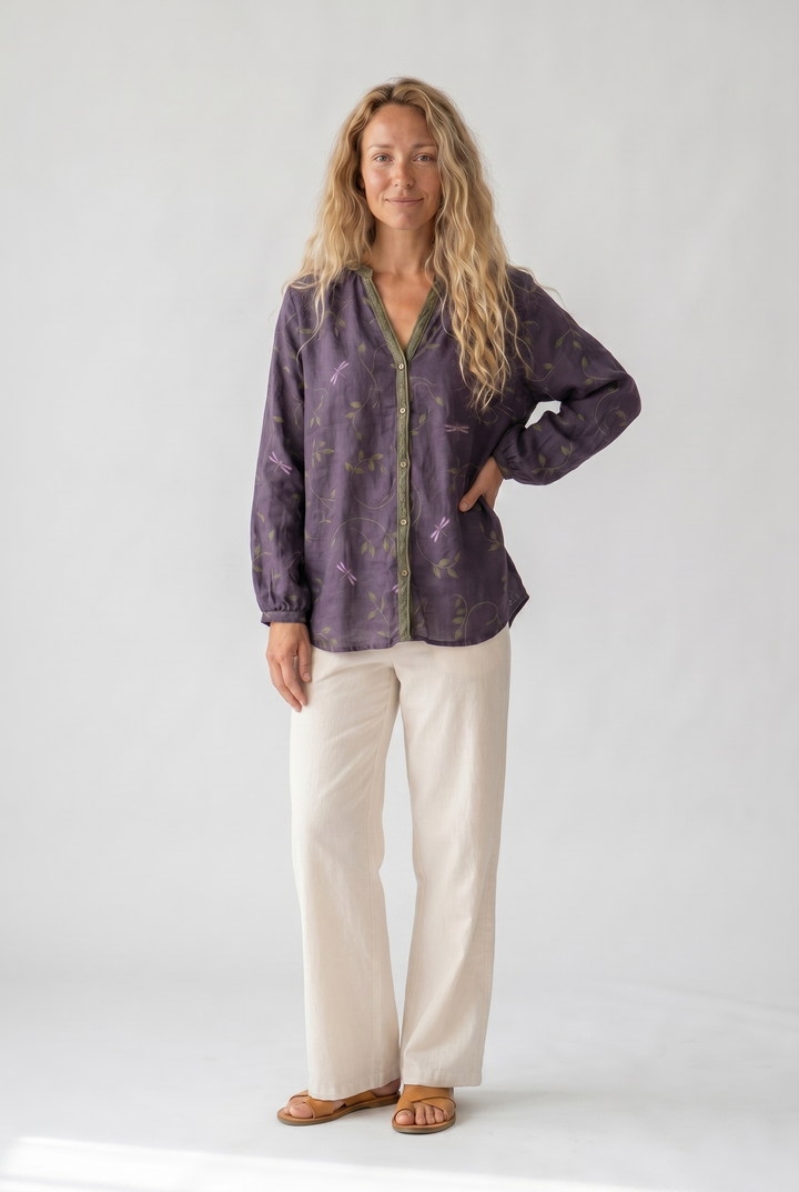 Blouse imprimée col V manches longues femme