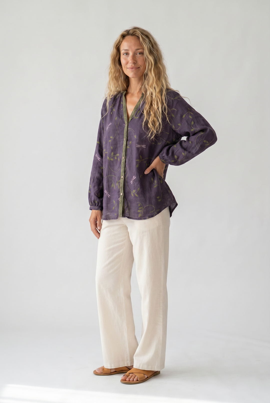 Blouse imprimée col V manches longues femme