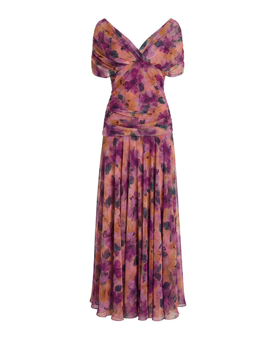 Abito lungo drappeggiato con scollo a V da donna