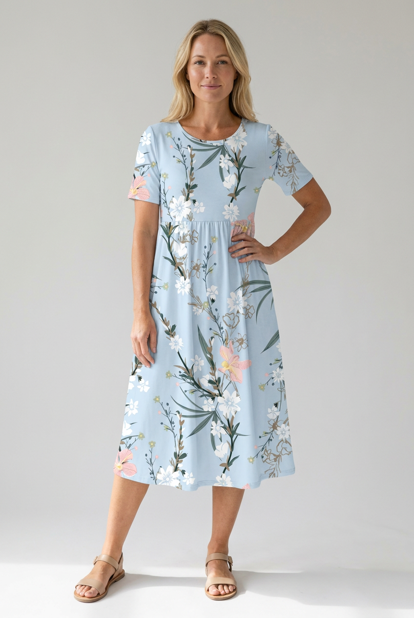 Robe midi floral femme col rond