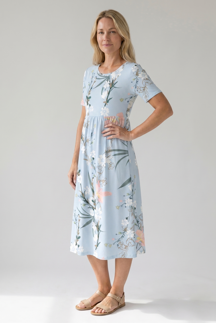 Robe midi floral femme col rond
