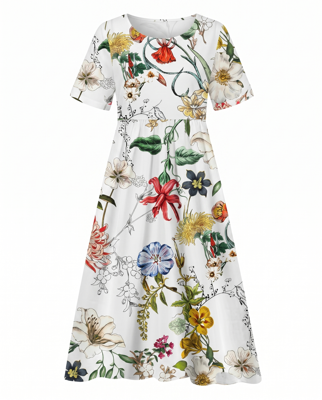 Robe midi floral femme col rond
