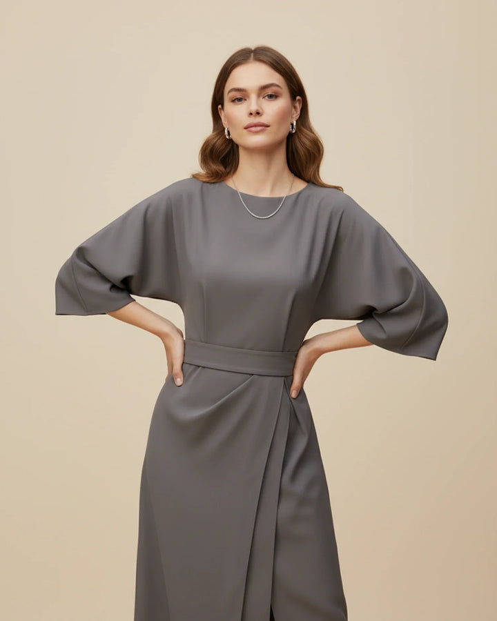 Elegantní midi šaty s páskem a balónovými rukávy pro ženy