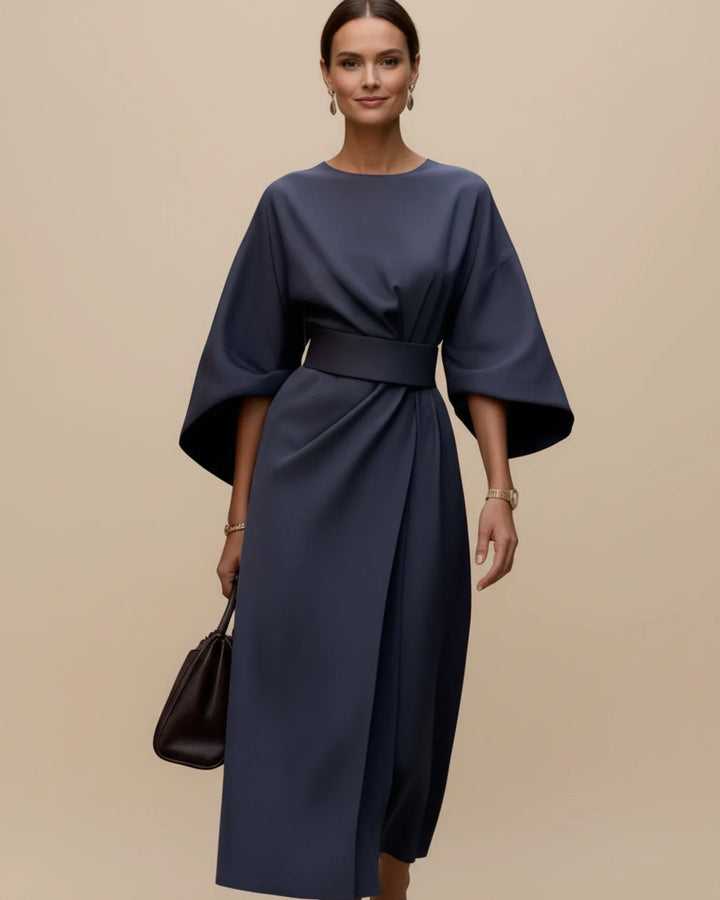Elegantní midi šaty s páskem a balónovými rukávy pro ženy