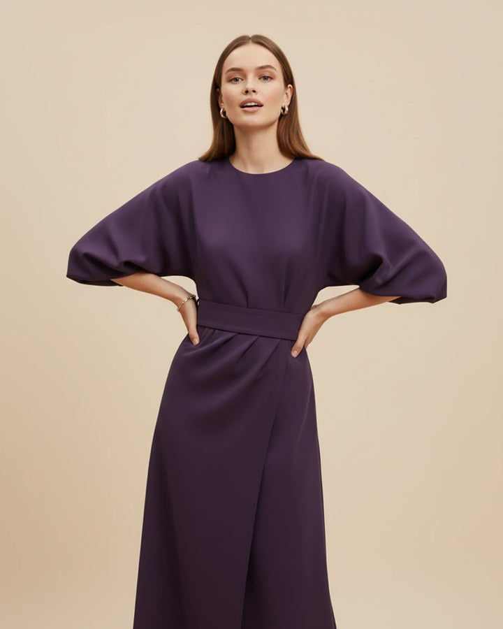 Elegantní midi šaty s páskem a balónovými rukávy pro ženy