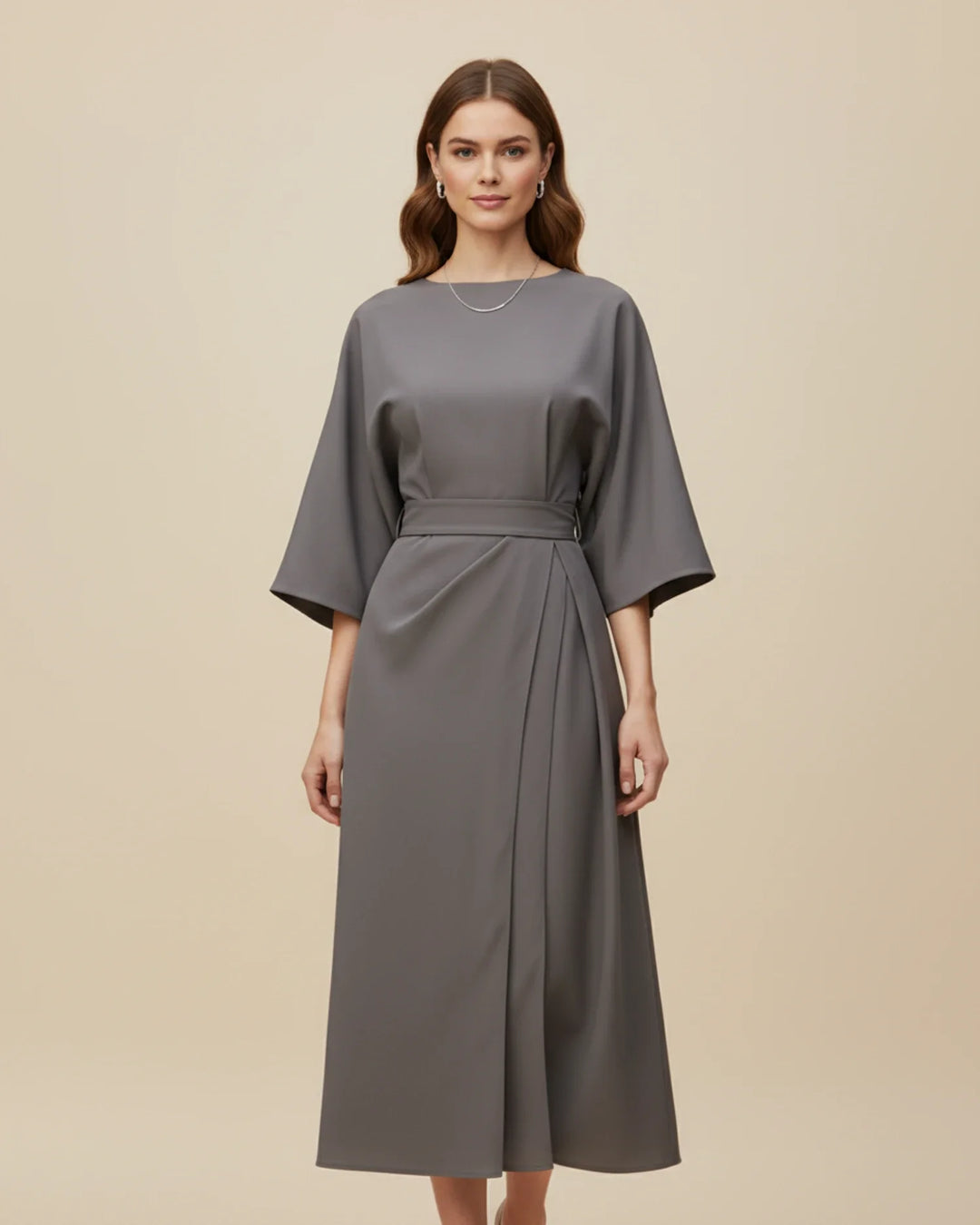 Elegantní midi šaty s páskem a balónovými rukávy pro ženy