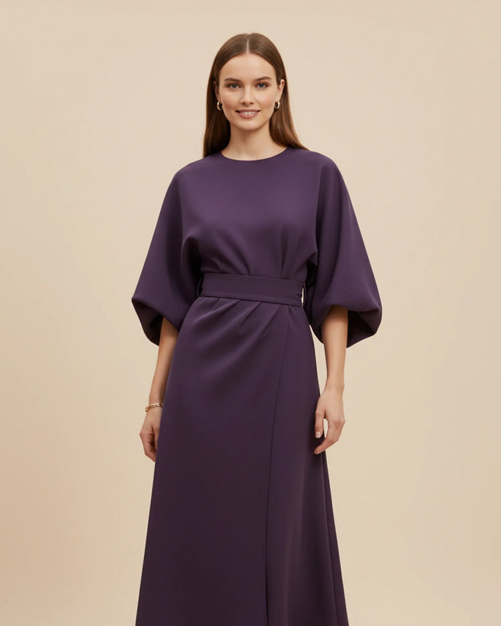 Elegantní midi šaty s páskem a balónovými rukávy pro ženy