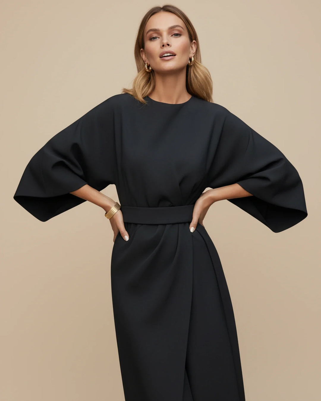 Elegantní midi šaty s páskem a balónovými rukávy pro ženy