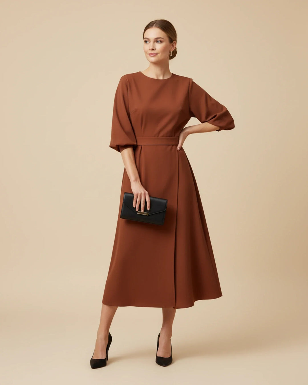 Elegantní midi šaty s páskem a balónovými rukávy pro ženy