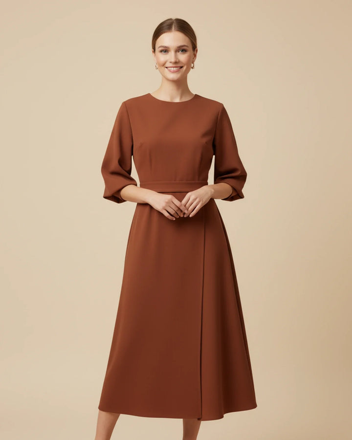 Elegantní midi šaty s páskem a balónovými rukávy pro ženy