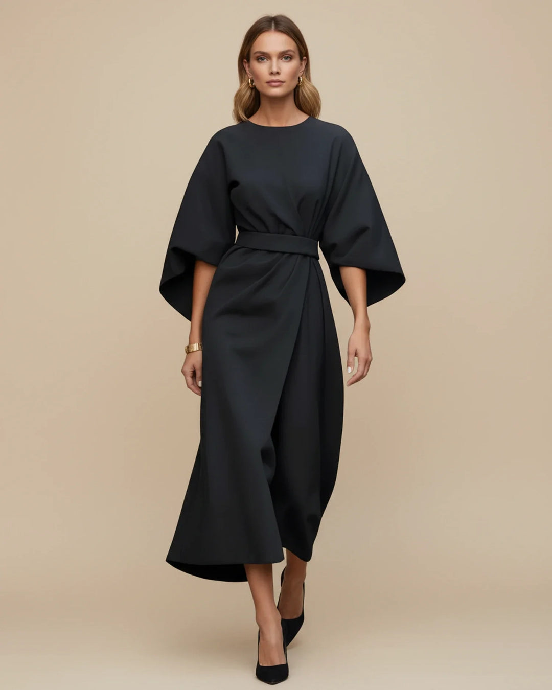 Elegantní midi šaty s páskem a balónovými rukávy pro ženy