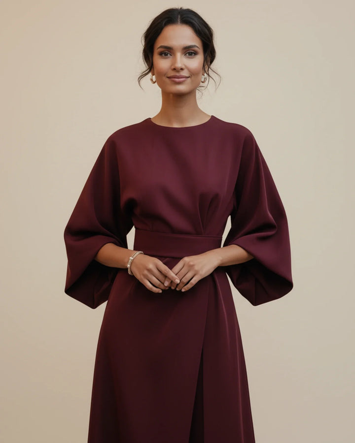 Elegantní midi šaty s páskem a balónovými rukávy pro ženy