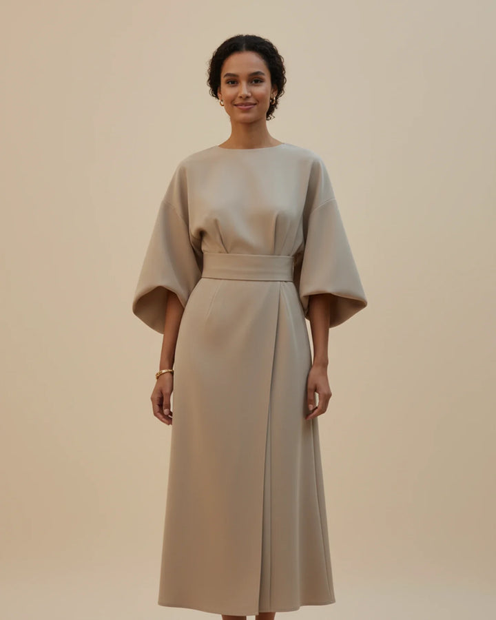 Elegantní midi šaty s páskem a balónovými rukávy pro ženy
