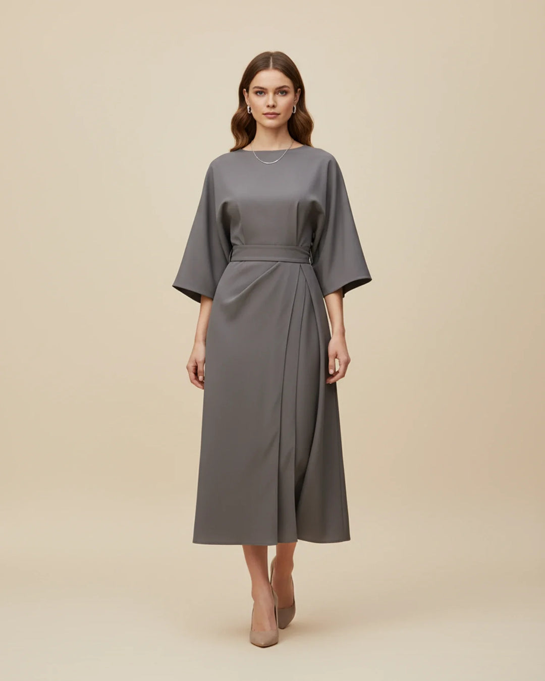Elegantní midi šaty s páskem a balónovými rukávy pro ženy