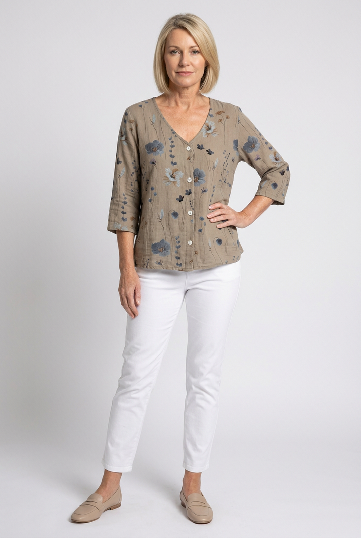 Blouse lin imprimé fleuri manches 3/4 femme