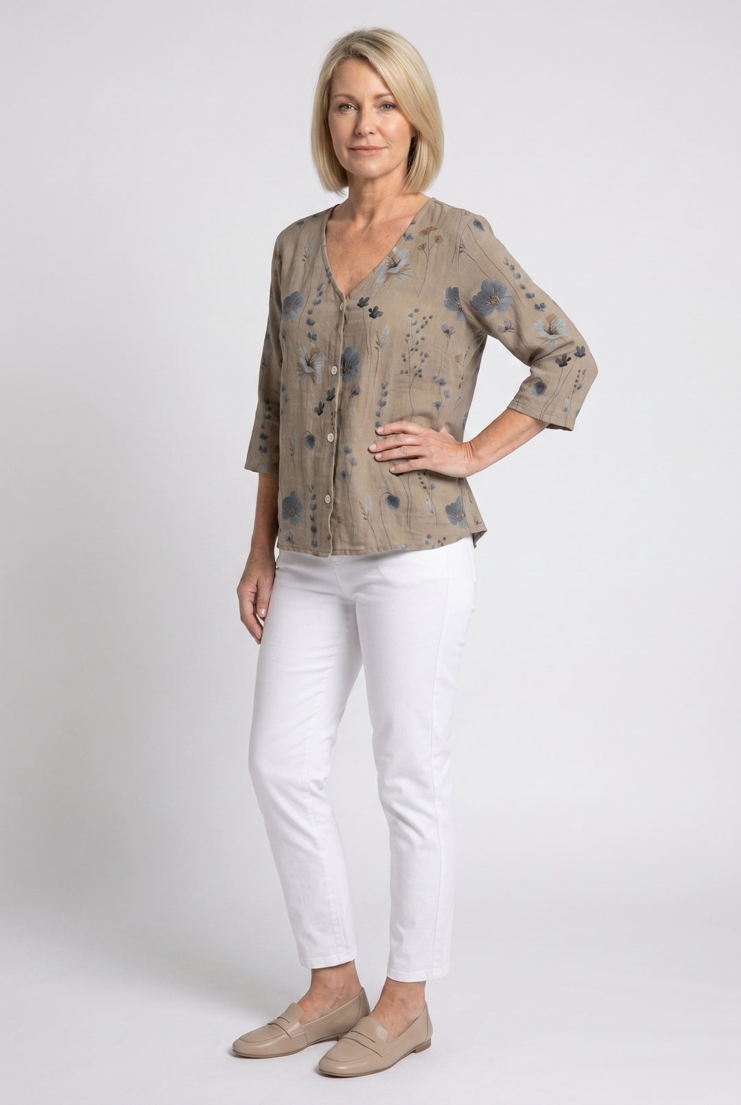 Blouse lin imprimé fleuri manches 3/4 femme