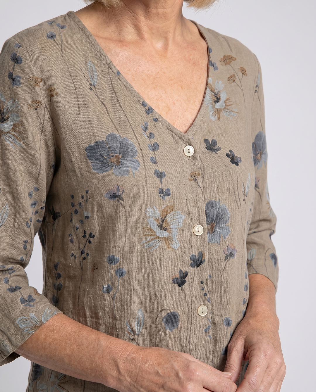 Blouse lin imprimé fleuri manches 3/4 femme