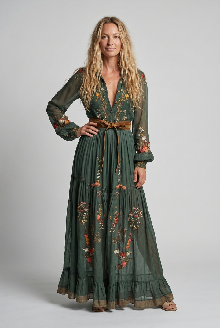 Robe maxi bohème brodée col V femme