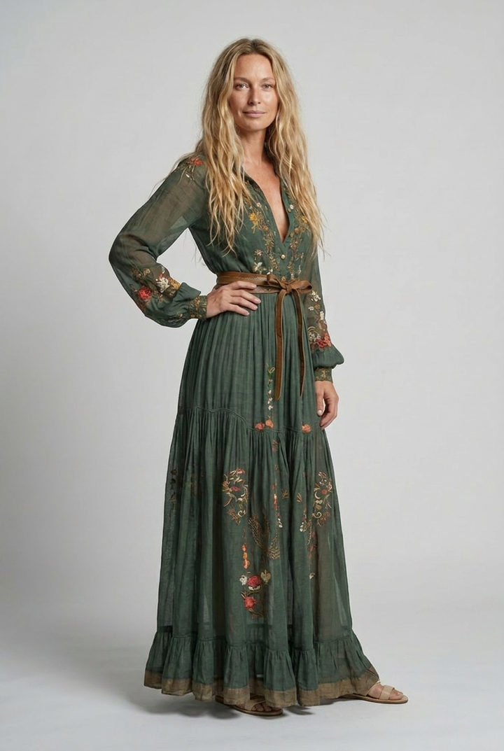 Robe maxi bohème brodée col V femme