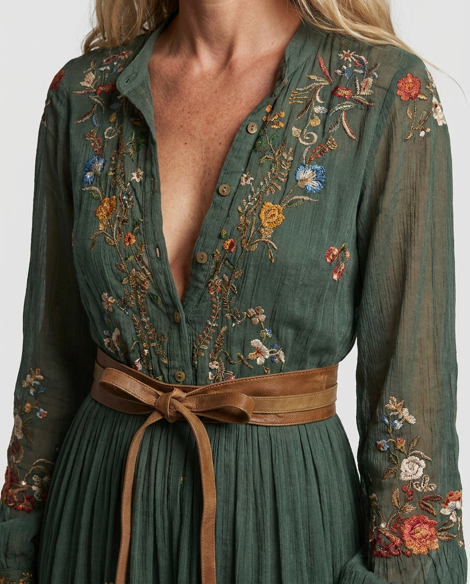 Robe maxi bohème brodée col V femme