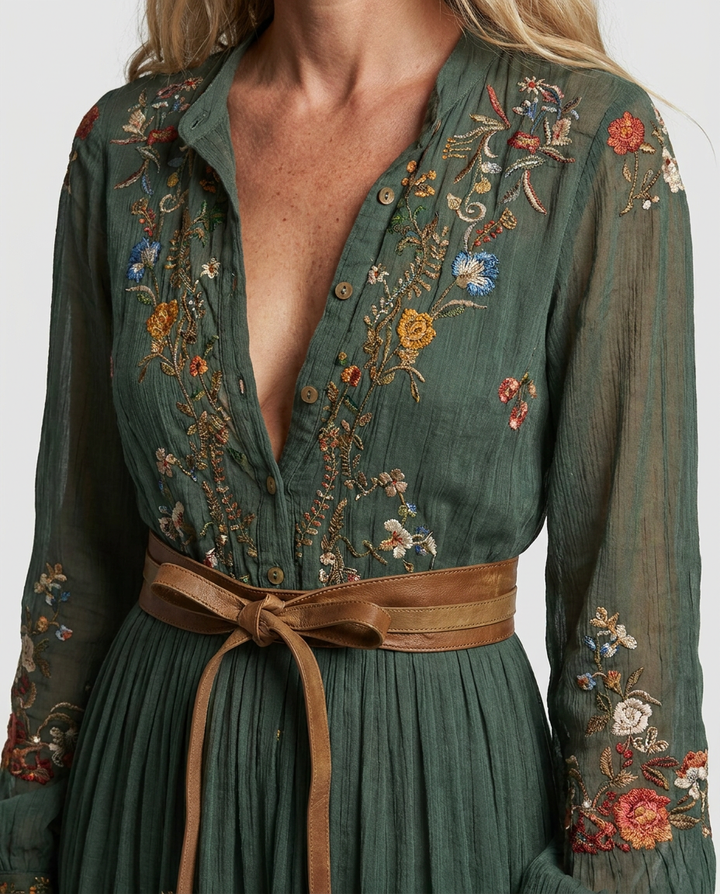 Robe maxi bohème brodée col V femme