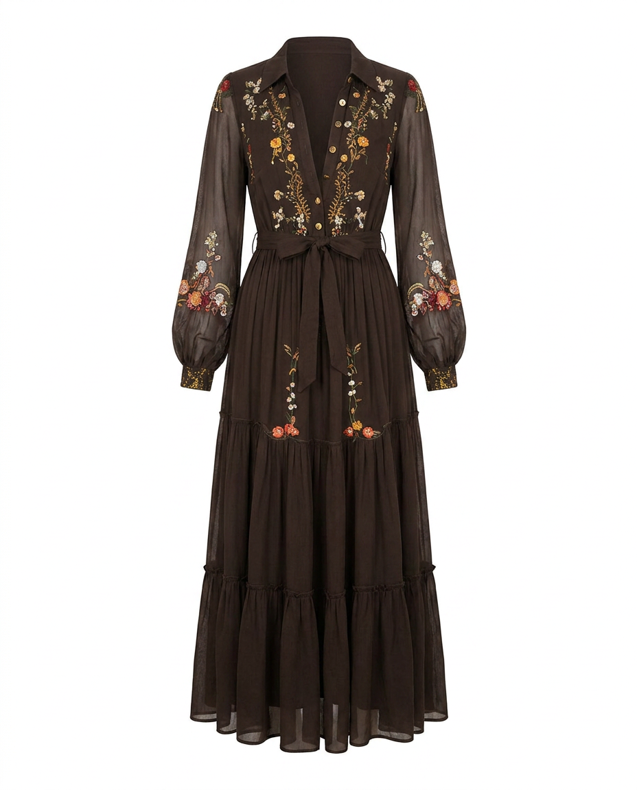 Robe maxi bohème brodée col V femme