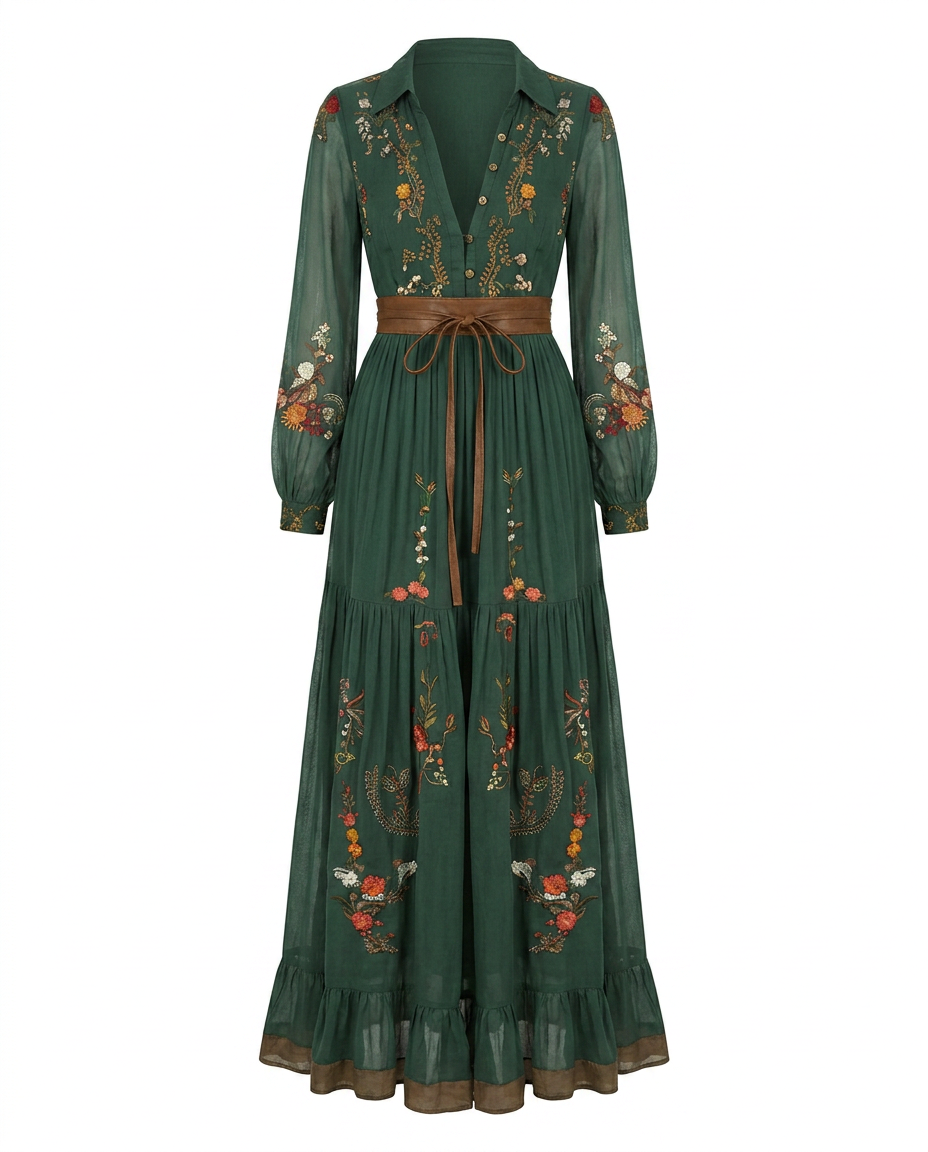Robe maxi bohème brodée col V femme