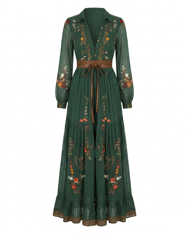 Robe maxi bohème brodée col V femme
