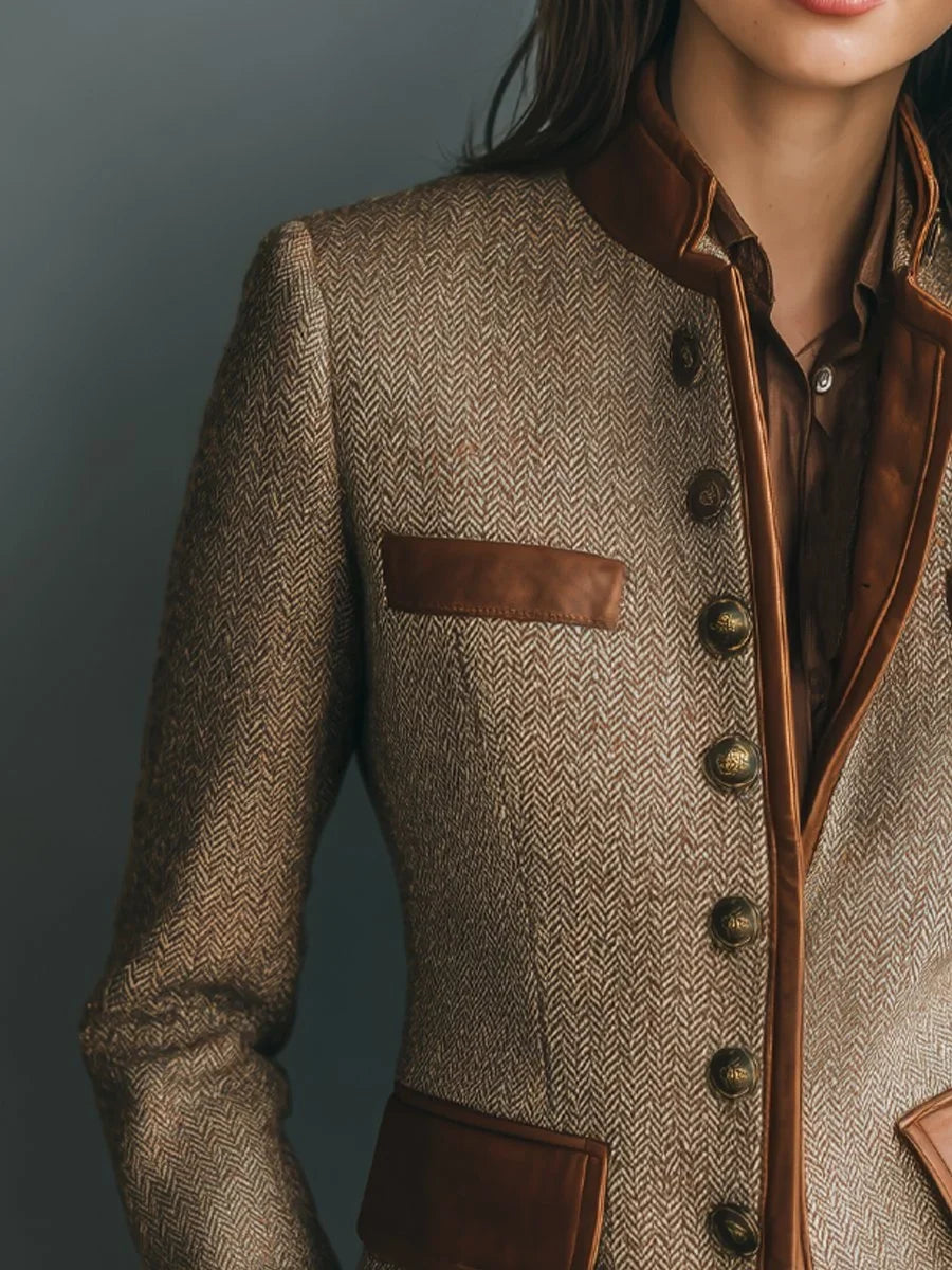 Blazer Femme Tweed Chevrons Bordures Cuir