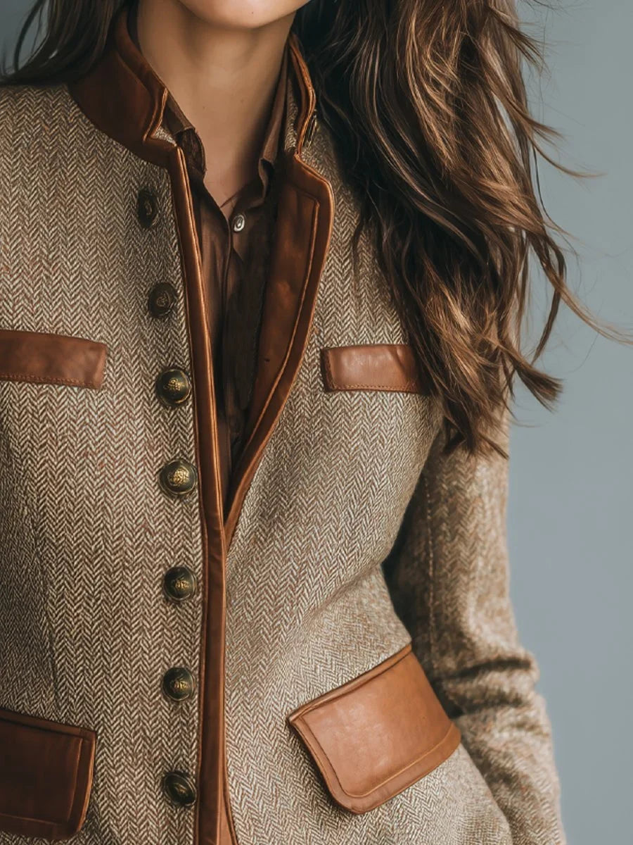 Blazer Femme Tweed Chevrons Bordures Cuir