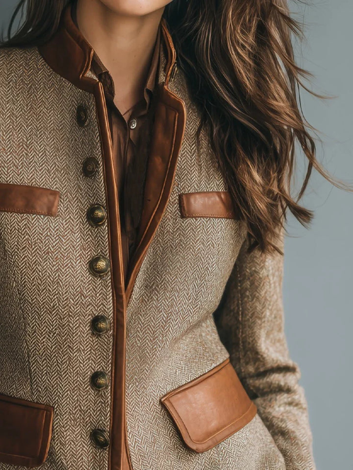 Blazer Femme Tweed Chevrons Bordures Cuir