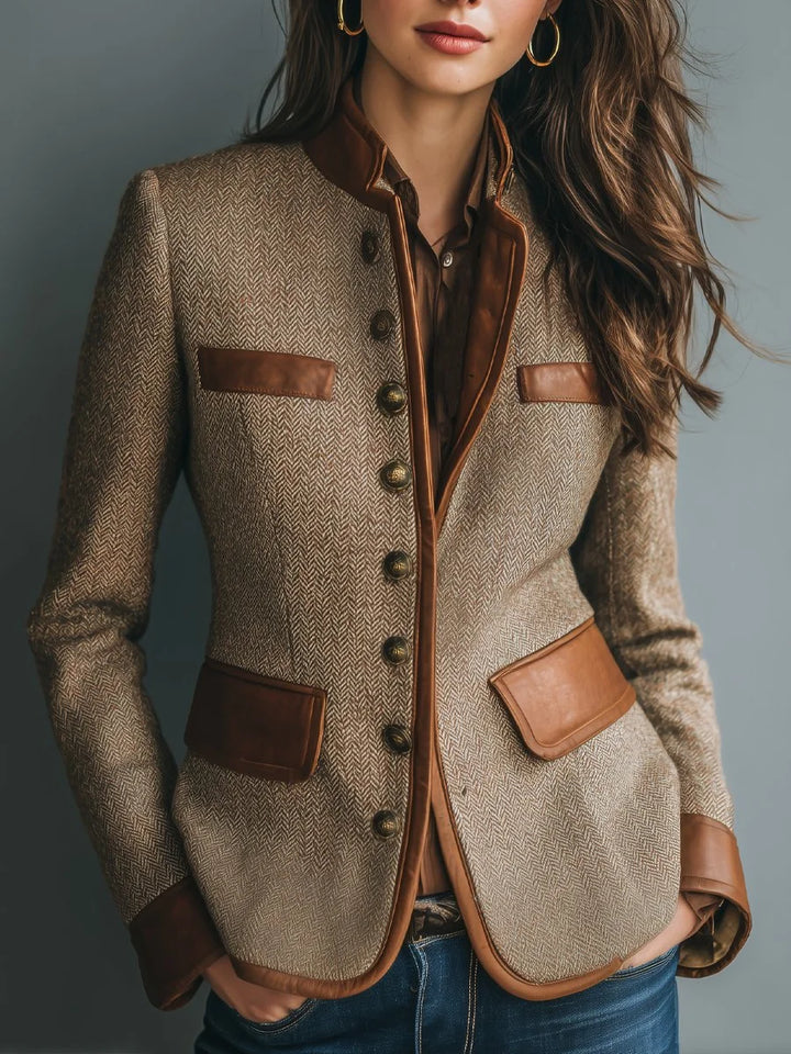 Blazer Femme Tweed Chevrons Bordures Cuir