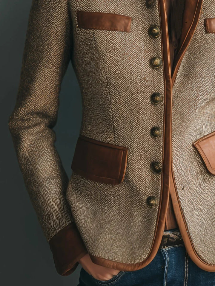 Blazer Femme Tweed Chevrons Bordures Cuir